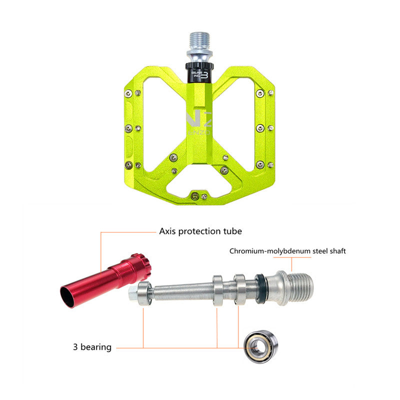 NEXT GEN ENZO flat foot mountain bike pedals in green colour. Top view with axis protection tube, 3 bearings on a chromium-molybdenum steel shaft.