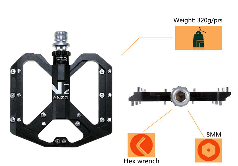 Enzo mountain bike pedals in black against a white background. Showing 8mm hex size and 320g weight.