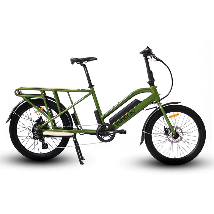 Side profile of the Eunorau Max Cargo Electric bike in green. Longtail cargo ebike with foldable handlebars and standard rear seat footrests. White background.