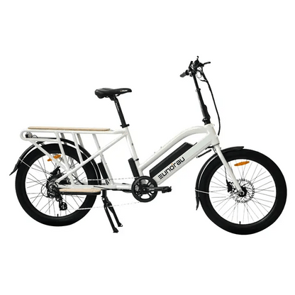 Side profile of the Eunorau Max Cargo Electric bike in white. Longtail cargo ebike with foldable handlebars and standard rear seat footrests. GIF showing Dual batteries, monkey bars, front cargo basket accessories. White background.
