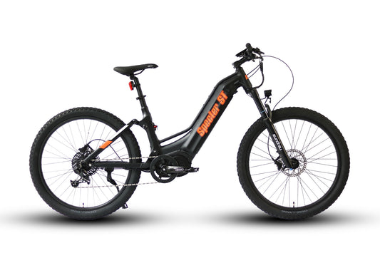 Side profile of the Eunorau Specter ST dual suspension step through electric mountain bike in black colour with logo in orange. Fat tyre mid-drive bike against a white background.