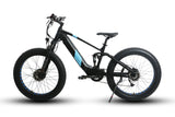 Side profile of the Eunorau Defender S Electric Mountain Bike. The bike is black with blue paint where the Eunorau logo is. The bike has a high bar with front and rear fat tyres. White background.