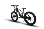 Rear angled profile of the Eunorau Defender S Electric Mountain Bike. The bike is black with blue paint where the Eunorau logo is. The bike has a high bar with front and rear fat tyres. White background.