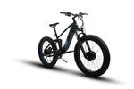 Front angled profile of the Eunorau Defender S Electric Mountain Bike. The bike is black with blue paint where the Eunorau logo is. The bike has a high bar with front and rear fat tyres. White background.
