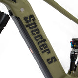 Close up of the main frame and rear suspension of the Eunorau Specter S Electric Mountain bike in army green colour against a blurred white background.