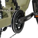 Close up of the chainwheel and crankarm of the Eunorau Specter S Electric Mountain bike in army green colour against a blurred white background.