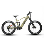 Side profile of the Eunorau Specter S dual suspension electric mountain bike in army green colour. Fat tyre mid-drive bike against a white background.