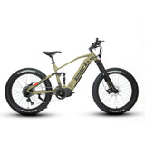 Side profile of the Eunorau Specter S dual suspension electric mountain bike in army green colour. Fat tyre mid-drive bike against a white background.