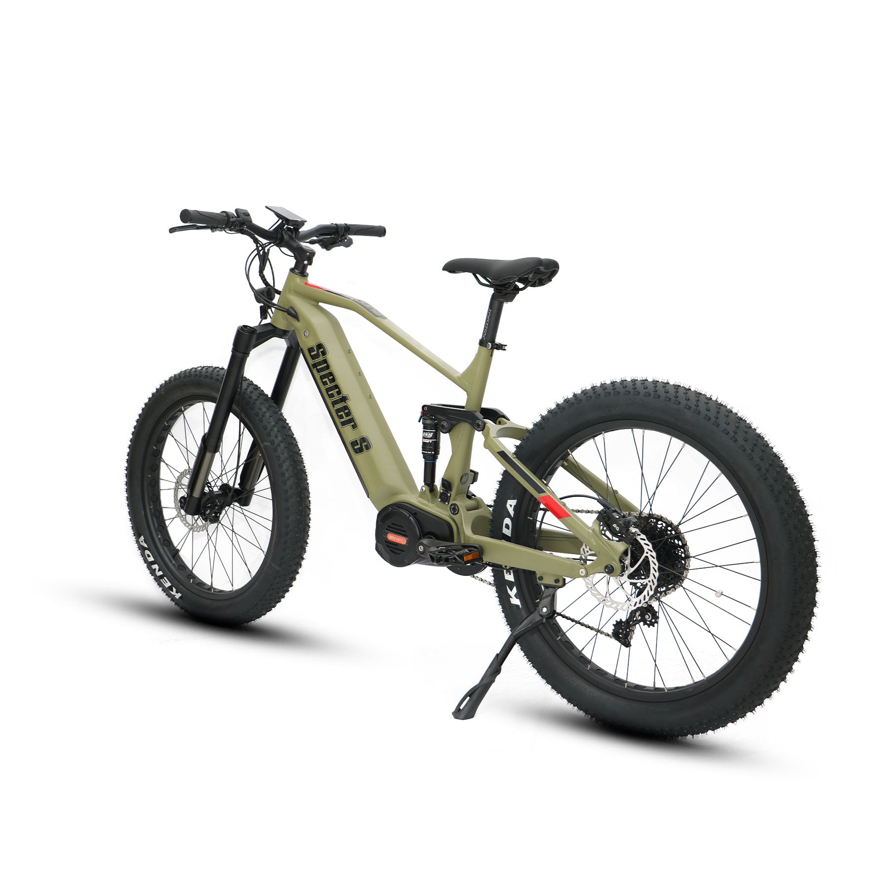 Rear angled profile of the Eunorau Specter S dual suspension electric mountain bike in army green colour. Fat tyre mid-drive bike against a white background.