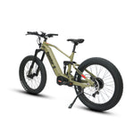 Rear angled profile of the Eunorau Specter S dual suspension electric mountain bike in army green colour. Fat tyre mid-drive bike against a white background.