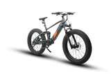 Front angled profile of the Eunorau Defender S Electric Mountain Bike. The bike is Grey colour with orange paint where the Eunorau logo is. The bike has a high bar with front and rear fat tyres. White background.