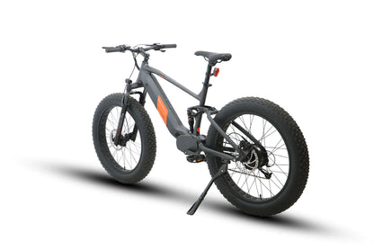 Rear angled profile of the Eunorau Defender S Electric Mountain Bike. The bike is Grey colour with orange paint where the Eunorau logo is. The bike has a high bar with front and rear fat tyres. White background.