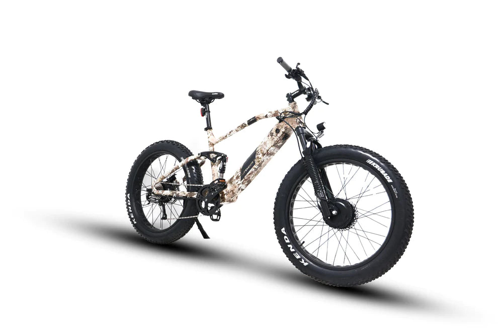 Front angled profile of the Eunorau Defender S Electric Mountain Bike. The bike is Forest Cobra with black paint where the Eunorau logo is. The bike has a high bar with front and rear fat tyres. White background.