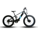 Side profile of the Eunorau Defender S Electric Mountain Bike. The bike is black with blue paint where the Eunorau logo is. The bike has a high bar with front and rear fat tyres. White background.