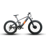Side profile of the Eunorau Defender S Electric Mountain Bike. The bike is Grey colour with orange paint where the Eunorau logo is. The bike has a high bar with front and rear fat tyres. White background.