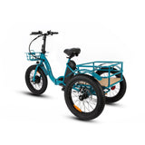 Rear angled profile of the Eunorau New Trike Electric Tricycle in teal colour. Fat tyre 3-wheel etrike with front and rear cargo basket against a white background.