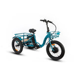 Front angled profile of the Eunorau New Trike Electric Tricycle in teal colour. Fat tyre 3-wheel etrike with front and rear cargo basket against a white background.