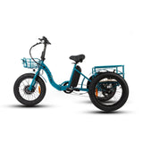 Side profile of the Eunorau New Trike Electric Tricycle in teal colour. Fat tyre 3-wheel etrike with front and rear cargo basket against a white background.