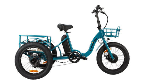 Side profile of the Eunorau New Trike Electric Tricycle in teal colour. Fat tyre 3-wheel etrike with front and rear cargo basket against a white background.