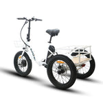 Rear angled profile of the Eunorau New Trike Electric Tricycle in white colour. Fat tyre 3-wheel etrike with front and rear cargo basket against a white background.