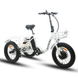Front angled profile of the Eunorau New Trike Electric Tricycle in white colour. Fat tyre 3-wheel etrike with front and rear cargo basket against a white background.