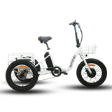 Side profile of the Eunorau New Trike Electric Tricycle in white colour. Fat tyre 3-wheel etrike with front and rear cargo basket against a white background.