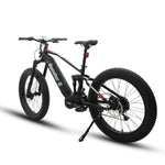 Rear angled profile of the Eunorau Specter S dual suspension electric mountain bike in black colour. Fat tyre mid-drive bike against a white background.