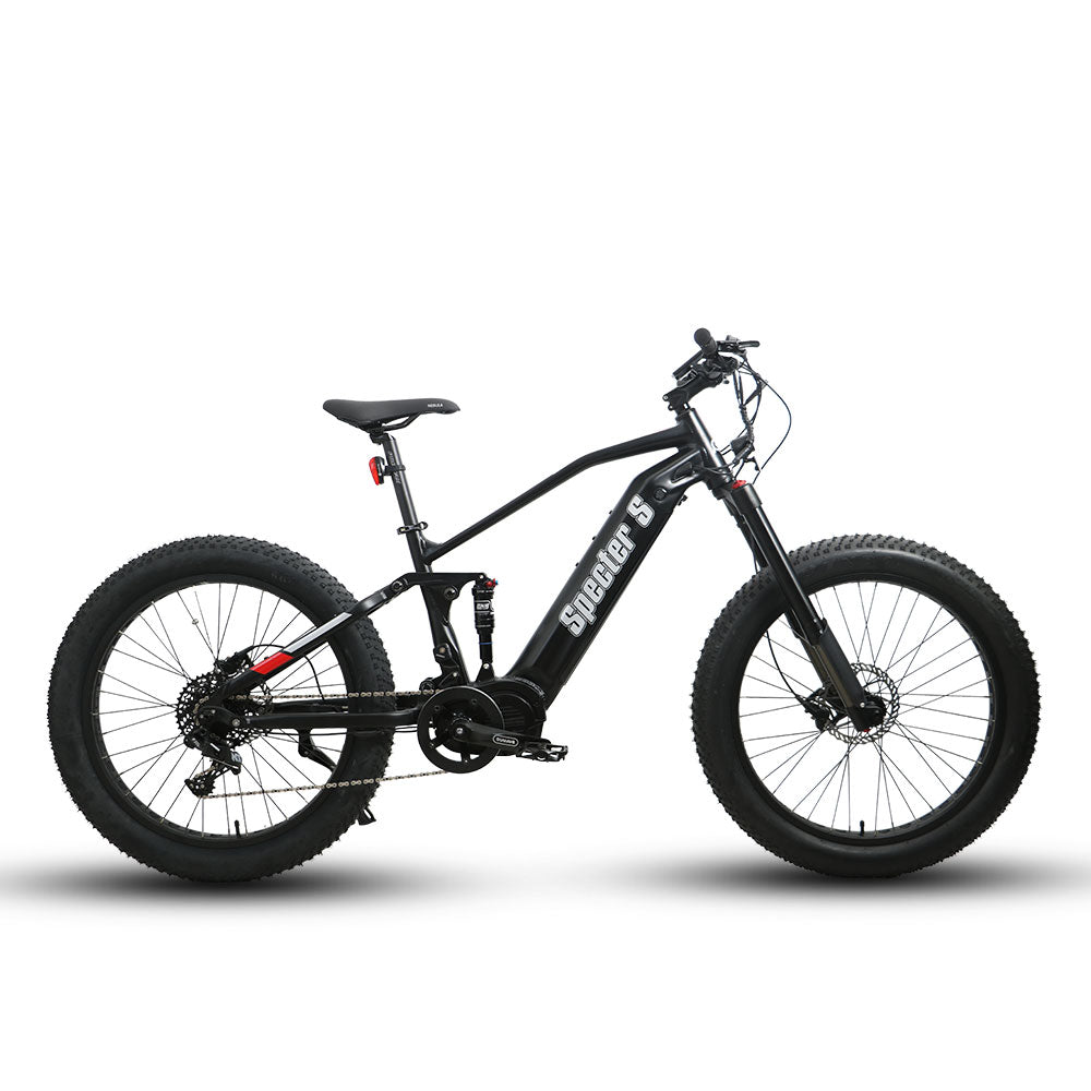 Side profile of the Eunorau Specter S dual suspension electric mountain bike in black colour. Fat tyre mid-drive bike against a white background.