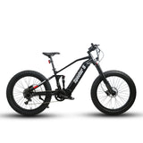 Side profile of the Eunorau Specter S dual suspension electric mountain bike in black colour. Fat tyre mid-drive bike against a white background.