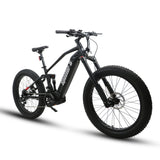 Front angled profile of the Eunorau Specter S dual suspension electric mountain bike in black colour. Fat tyre mid-drive bike against a white background.