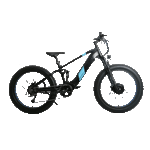 Side profile of the Eunorau Defender S Electric Mountain Bike. The bike is black with blue paint where the Eunorau logo is. The bike has a high bar with front and rear fat tyres. This is a GIF image showing rear rack and dual battery accessories. White background.