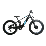 Side profile of the Eunorau Defender S Electric Mountain Bike. The bike is black with blue paint where the Eunorau logo is. The bike has a high bar with front and rear fat tyres. This is a GIF image showing rear rack and dual battery accessories. White background.
