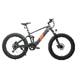 Side profile of the Eunorau Defender S Electric Mountain Bike. The bike is Grey colour with orange paint where the Eunorau logo is. The bike has a high bar with front and rear fat tyres. White background. GIF showing rear rack and battery upgrades.