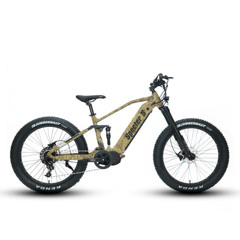 Side profile of the Eunorau Specter S dual suspension electric mountain bike in leaf camo.  Fat tyre mid-drive bike against a white background.