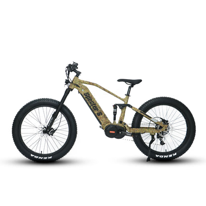 Side profile of the Eunorau Specter S dual suspension electric mountain bike in leaf camo. Fat tyre mid-drive bike against a white background.