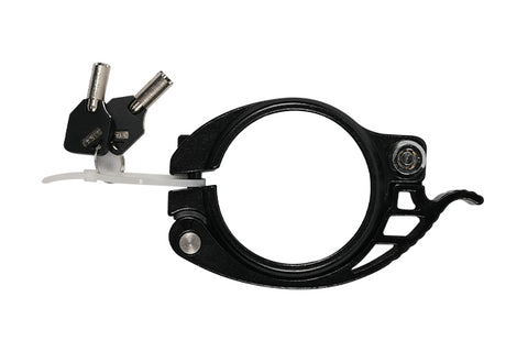 A top view of the Carbon Lite seat post clamp lock. The part also shows a pair of keys used to lock the bike clamp. The part is shot against a white background.