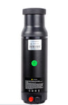 Carbon Lite 36 volt 6.4 amp hour bottle battery against a white background. Battery in upright position showing warning label, specifications and red on switch button.