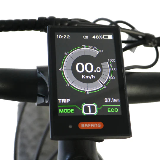 Close up of Bafang display on the Eunorau Specter ST step through dual suspension electric mountain bike. White background.