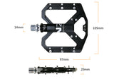 NEXT GEN ENZO flat foot mountain bike pedals in black colour. Top view showing size of pedals. 14mm diameter steel shaft is 105mm wide x 97mm long and is 30mm in height.