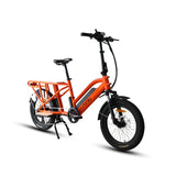 Angled front profile of the Eunorau G30 Cargo Electric bike in orange. Longtail cargo ebike with foldable handlebars and standard rear seat footrests. White background.