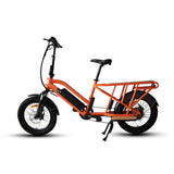 Side profile of the Eunorau G30 Cargo Electric bike in orange. Longtail cargo ebike with foldable handlebars and standard rear seat footrests. White background.