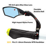 Azur anti-glare blue rear view mirrors against a white background. Left hand mirror.  Different features including anti-glare, rotational ball, high-impact frame, 21-26mm diameter handlebar fitting.