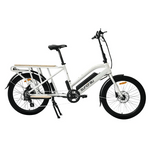 Side profile of the Eunorau Max Cargo Electric bike in white. Longtail cargo ebike with foldable handlebars and standard rear seat footrests. GIF showing Dual batteries, monkey bars, front cargo basket accessories. White background.