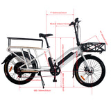 Side profile of the Eunorau Max Cargo Electric bike in white fitted with rear monkey bars and front cargo basket. Dimensions of bike provided. TT 600mm/23.6", Reach 420mm/16.5", Head tube 160mm/6.3", SOH 910mm/35.8", Stack 550mm/21.6", Seat tube 450mm/17.7", Wheelbase 1350mm/53", CS 710mm/28", BBH 350mm/13.8". White background.