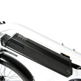 The Eunorau ebike battery 48 volt, 11.6 amp hour battery against a white background. Battery is fitted to frame with lock ignition and caution label displayed. The bike it is fitted to is the Eunorau Max Cargo Electric bike.
