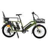 Side profile of the Eunorau Max Cargo Electric bike in green. Longtail cargo ebike with foldable handlebars and standard rear seat footrests. Fitted with rear seat monkey bar, child bike seat, dual battery, and front cargo basket. White background.