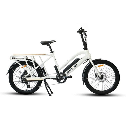 Side profile of the Eunorau Max Cargo Electric bike in white. Longtail cargo ebike with foldable handlebars and standard rear seat footrests. White background.