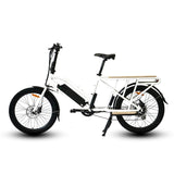 Side profile of the Eunorau Max Cargo Electric bike in white. Longtail cargo ebike with foldable handlebars and standard rear seat footrests. White background.