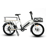 Side profile of the Eunorau Max Cargo Electric bike in white. Longtail cargo ebike with foldable handlebars and standard rear seat footrests. Fitted with rear seat monkey bars and front cargo basket. White background.