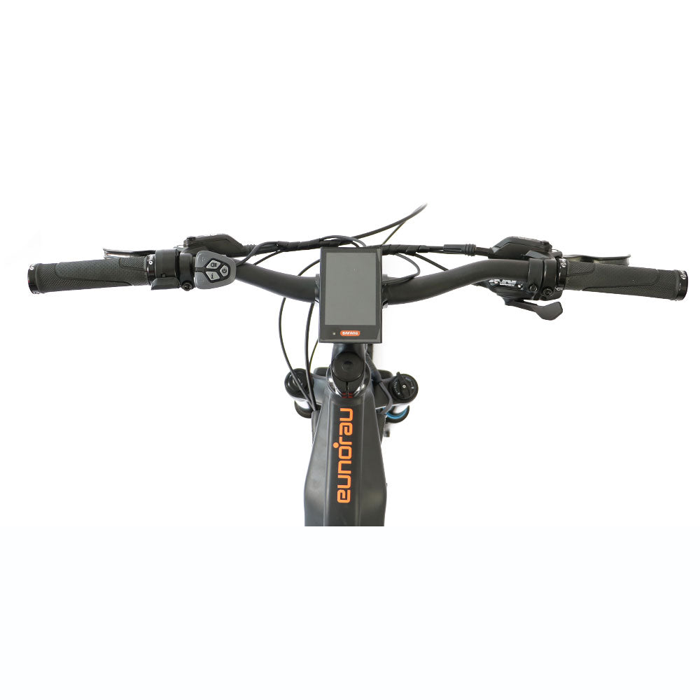 Rear angle of Bafang display and handlebars on the Eunorau Specter ST step through dual suspension electric mountain bike. White background.